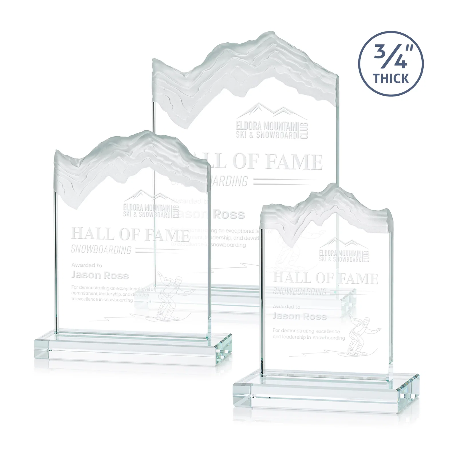 Custom Jade Crystal Award With A 3/4-Inch Deep-Carved Frosted Peak for retirement presentations