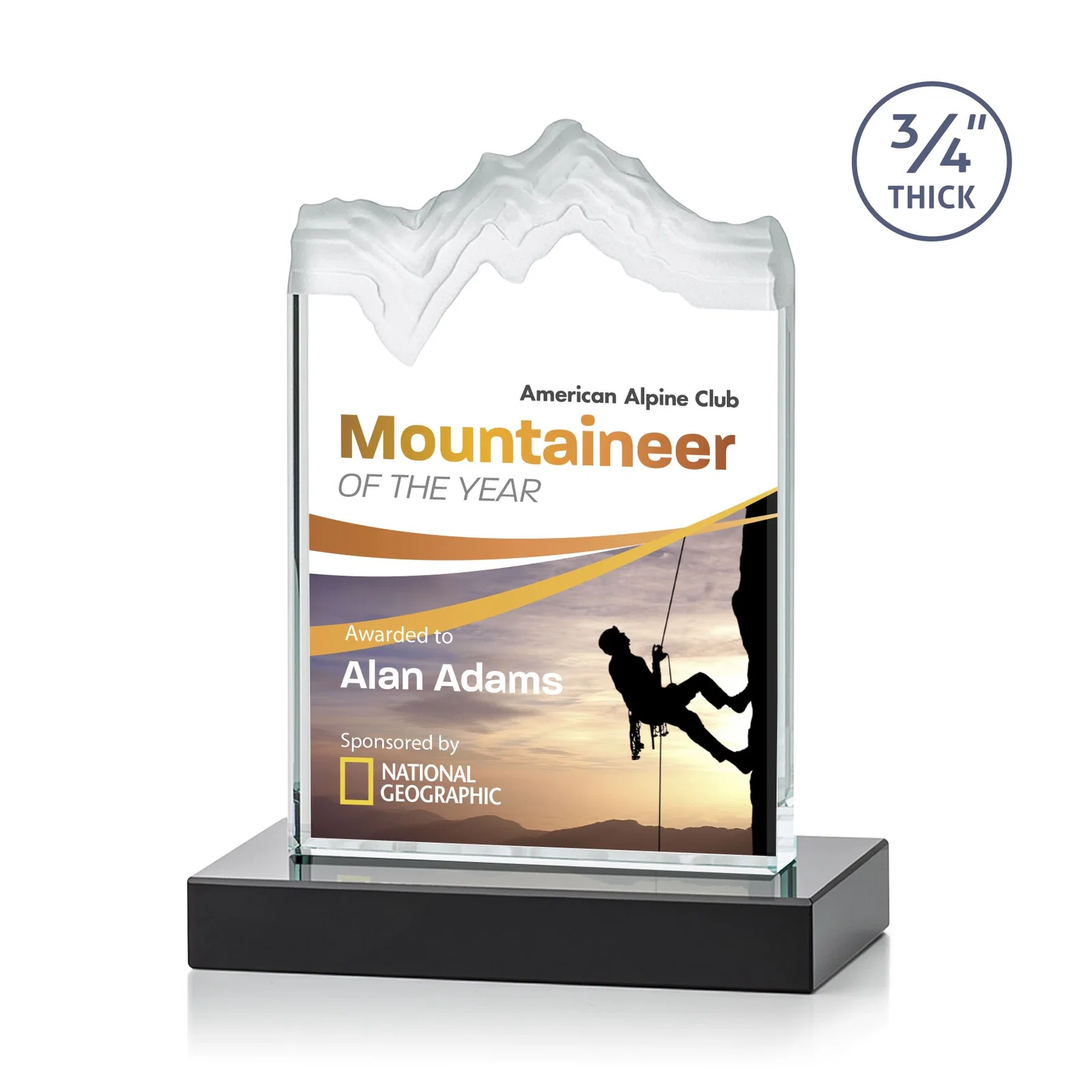 Custom printed Jade Crystal Award With A 3/4-Inch Deep-Carved Frosted Peak for corporate award ceremonies