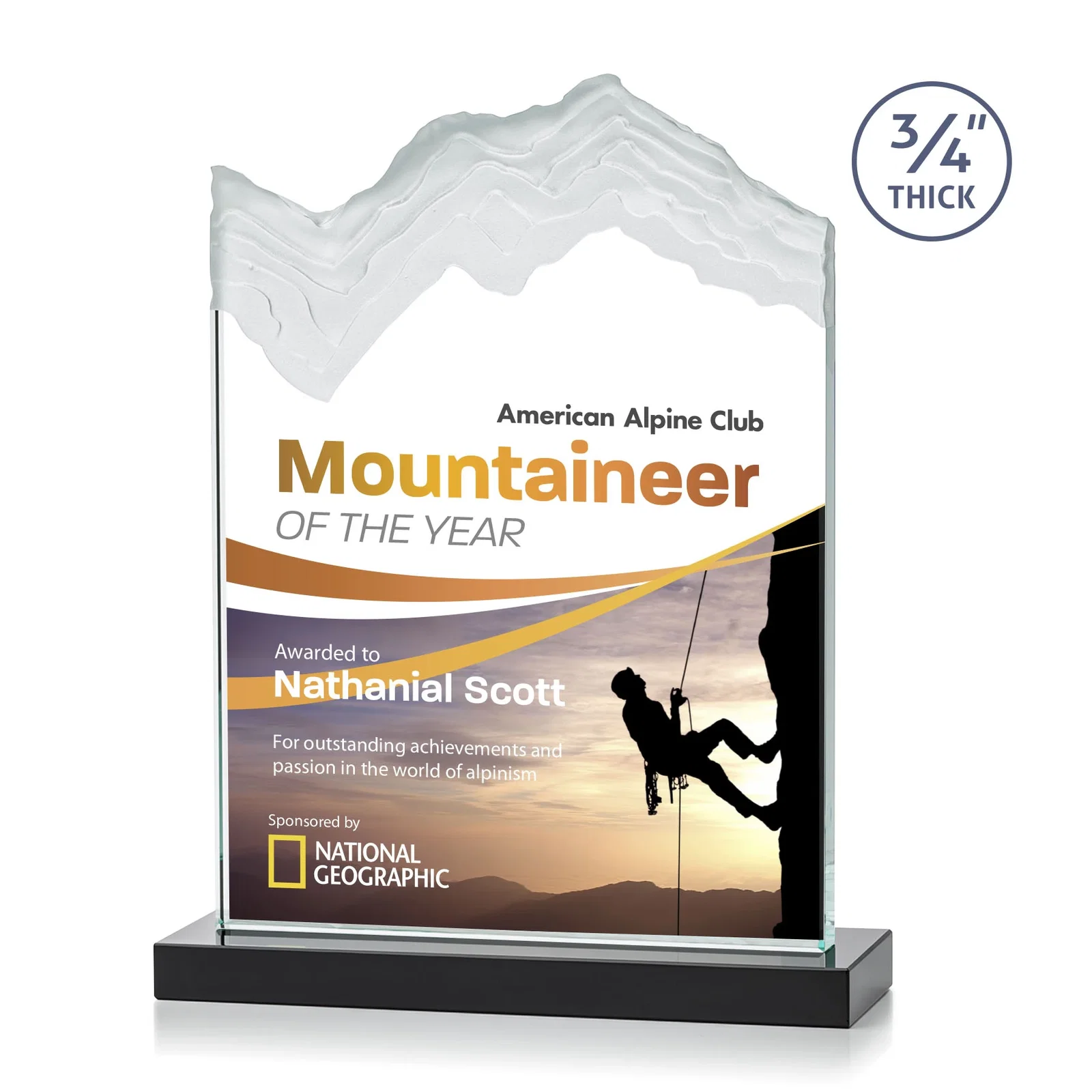 Custom printed Jade Crystal Award With A 3/4-Inch Deep-Carved Frosted Peak for sales achievement awards