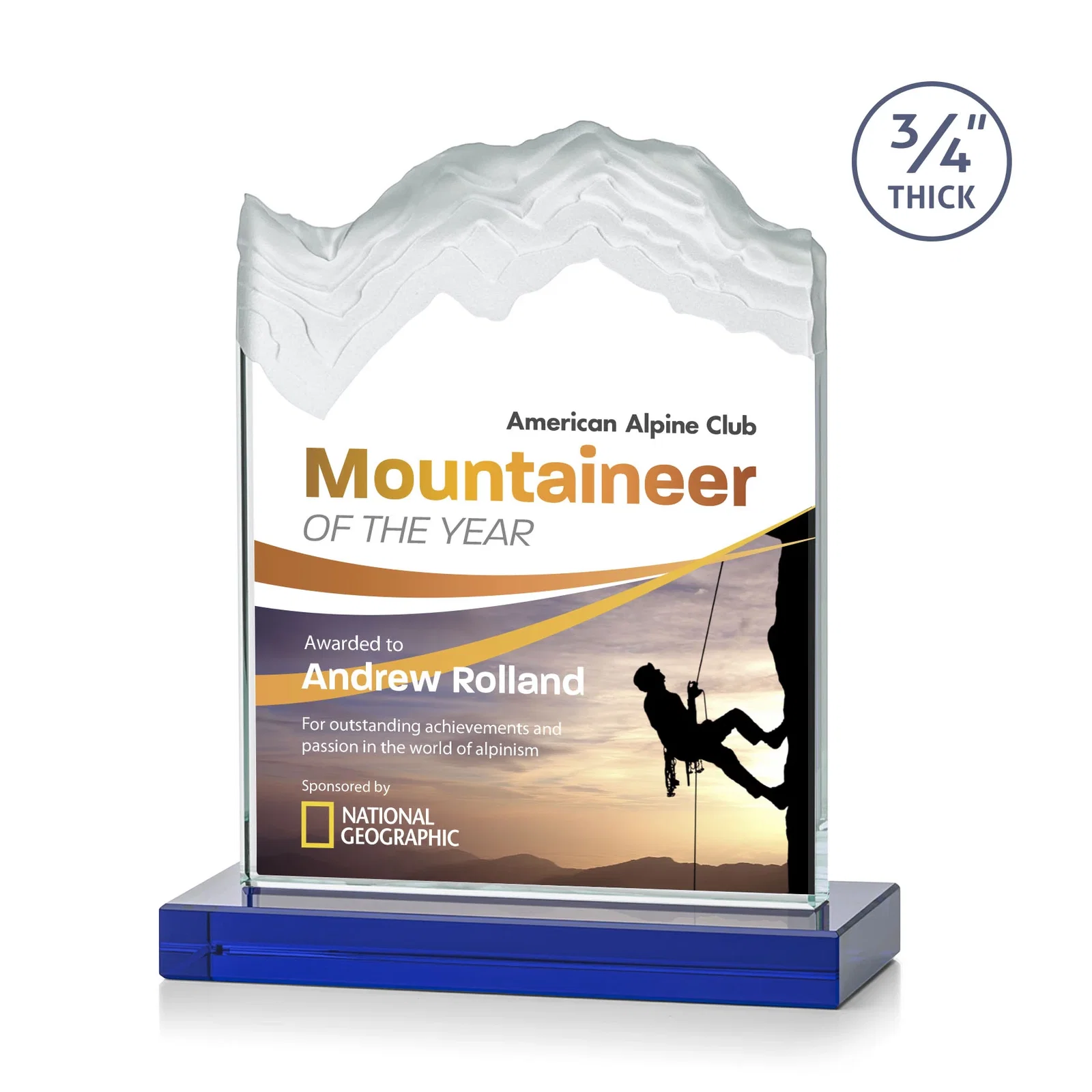 Custom printed Jade Crystal Award With A 3/4-Inch Deep-Carved Frosted Peak for donor appreciation