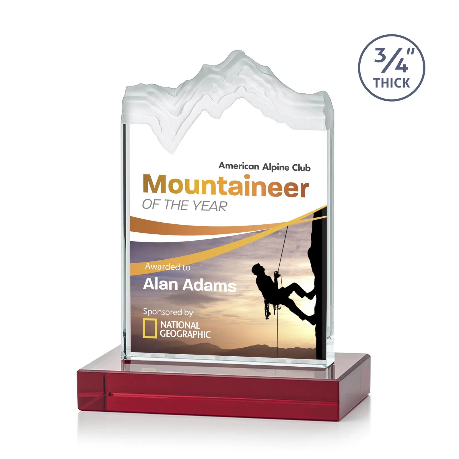 Custom printed Jade Crystal Award With A 3/4-Inch Deep-Carved Frosted Peak for volunteer appreciation