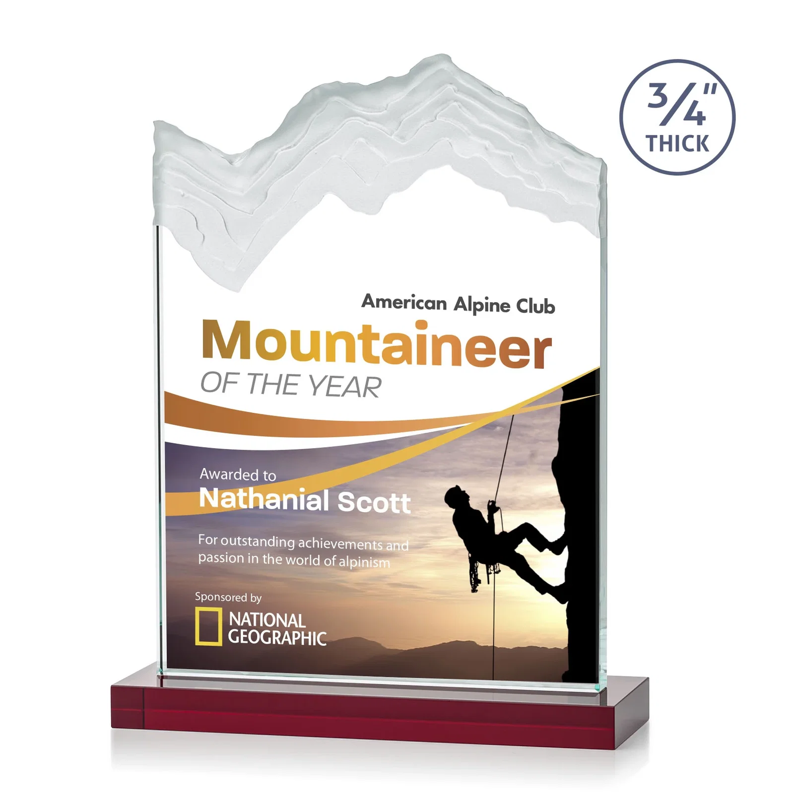 Custom printed Jade Crystal Award With A 3/4-Inch Deep-Carved Frosted Peak for company anniversary events