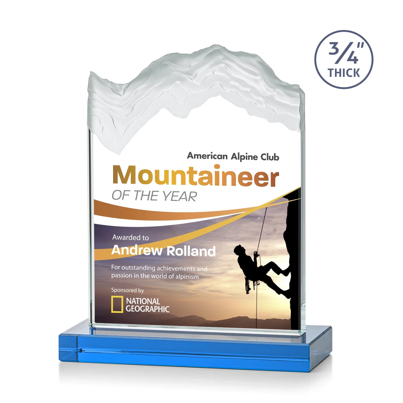 Customized Jade Crystal Award With A 3/4-Inch Deep-Carved Frosted Peak for service anniversary gifts