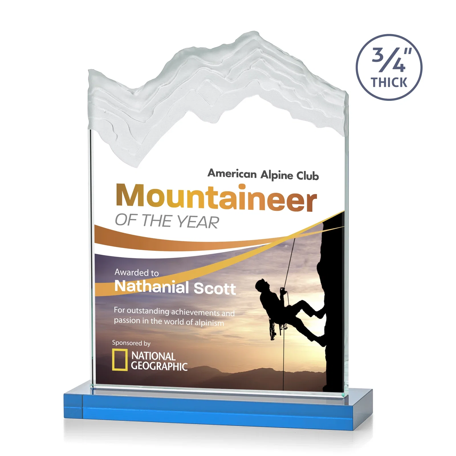 Customized Jade Crystal Award With A 3/4-Inch Deep-Carved Frosted Peak for sales achievement awards