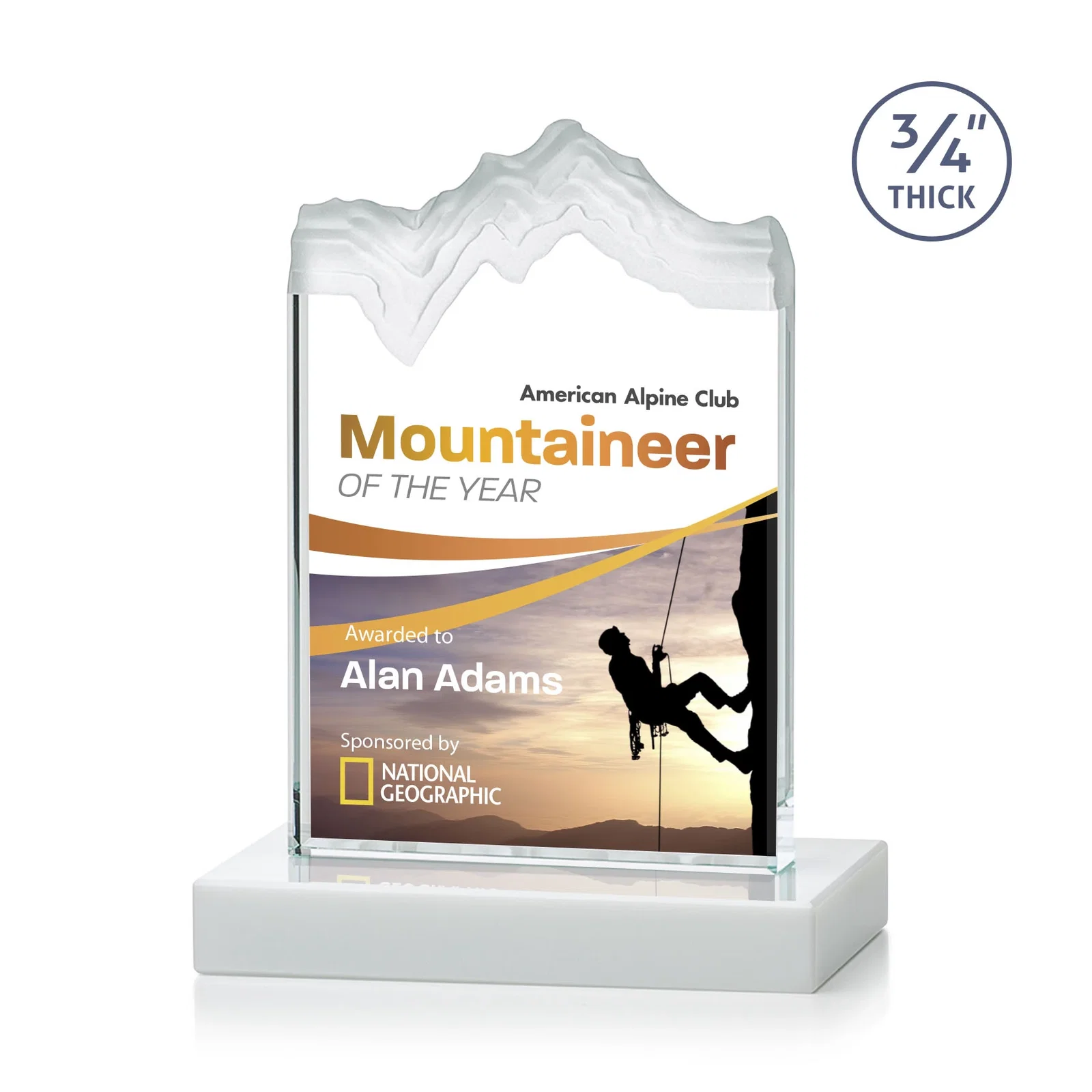 Customized Jade Crystal Award With A 3/4-Inch Deep-Carved Frosted Peak for team milestone celebrations