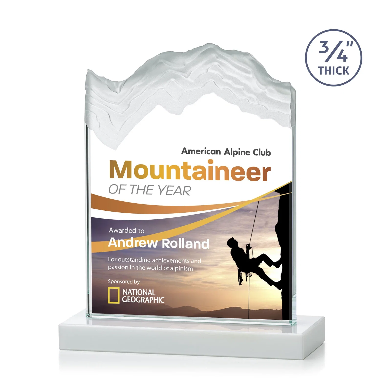 Customized Jade Crystal Award With A 3/4-Inch Deep-Carved Frosted Peak for donor appreciation