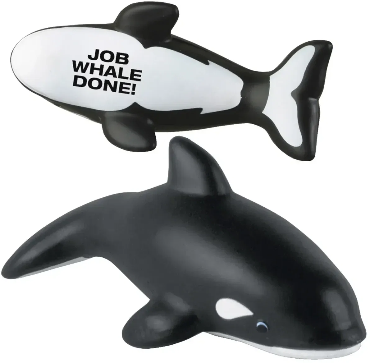 Killer Whale stress reliever shaped like an orca, custom branded promotional squeeze toy, front view