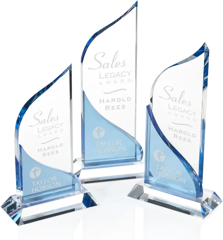 Custom Curved Crystal Award with Blue Accent β view 1