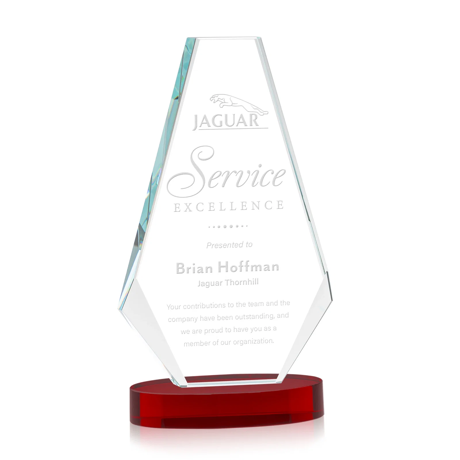 Personalized Optical Crystal Award with a Symmetrical Slanted Top, awards for company anniversary events