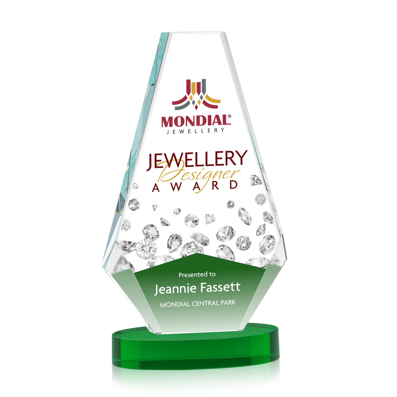 Branded Optical Crystal Award with a Symmetrical Slanted Top, awards for company anniversary events
