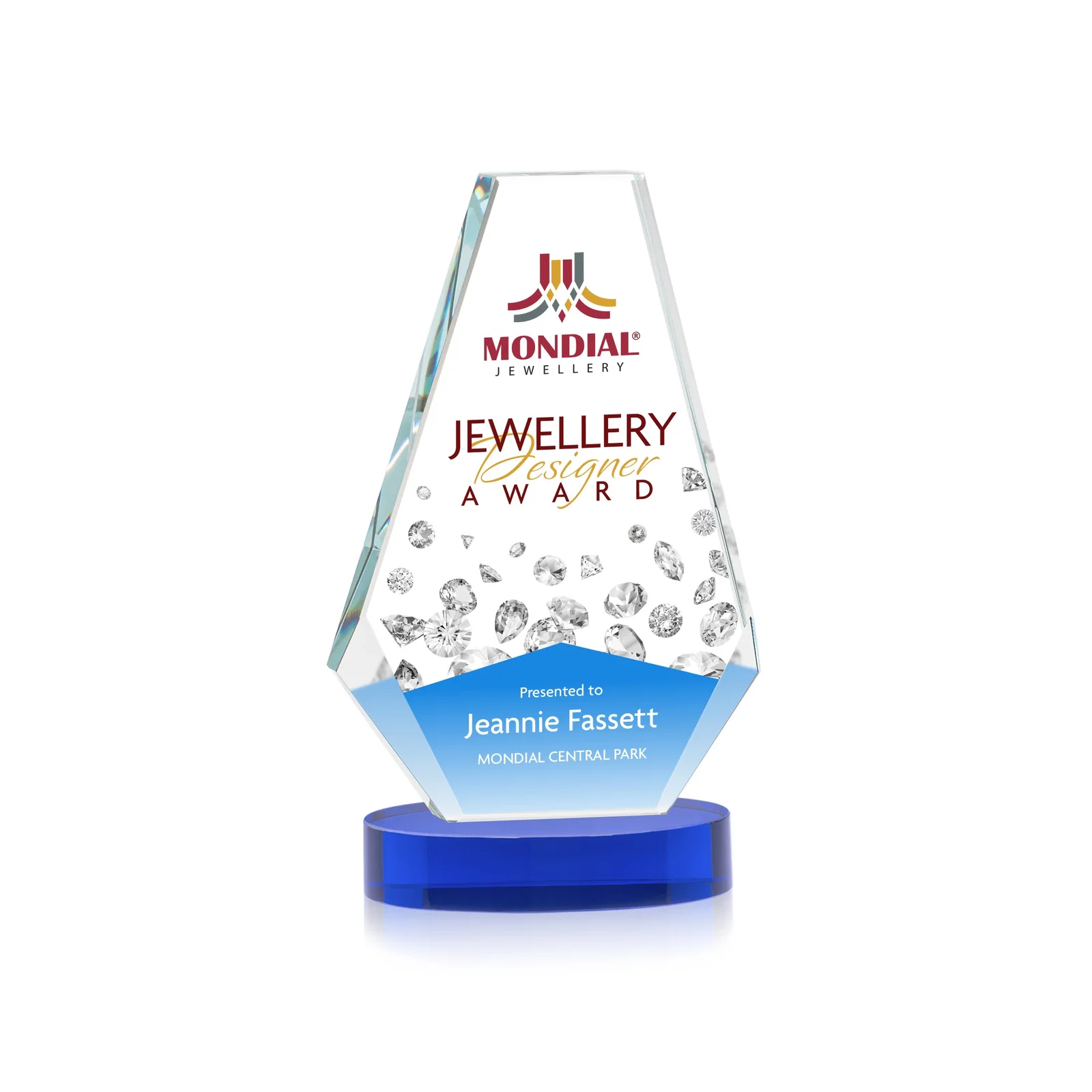 Custom printed Optical Crystal Award with a Symmetrical Slanted Top, awards for corporate award ceremonies