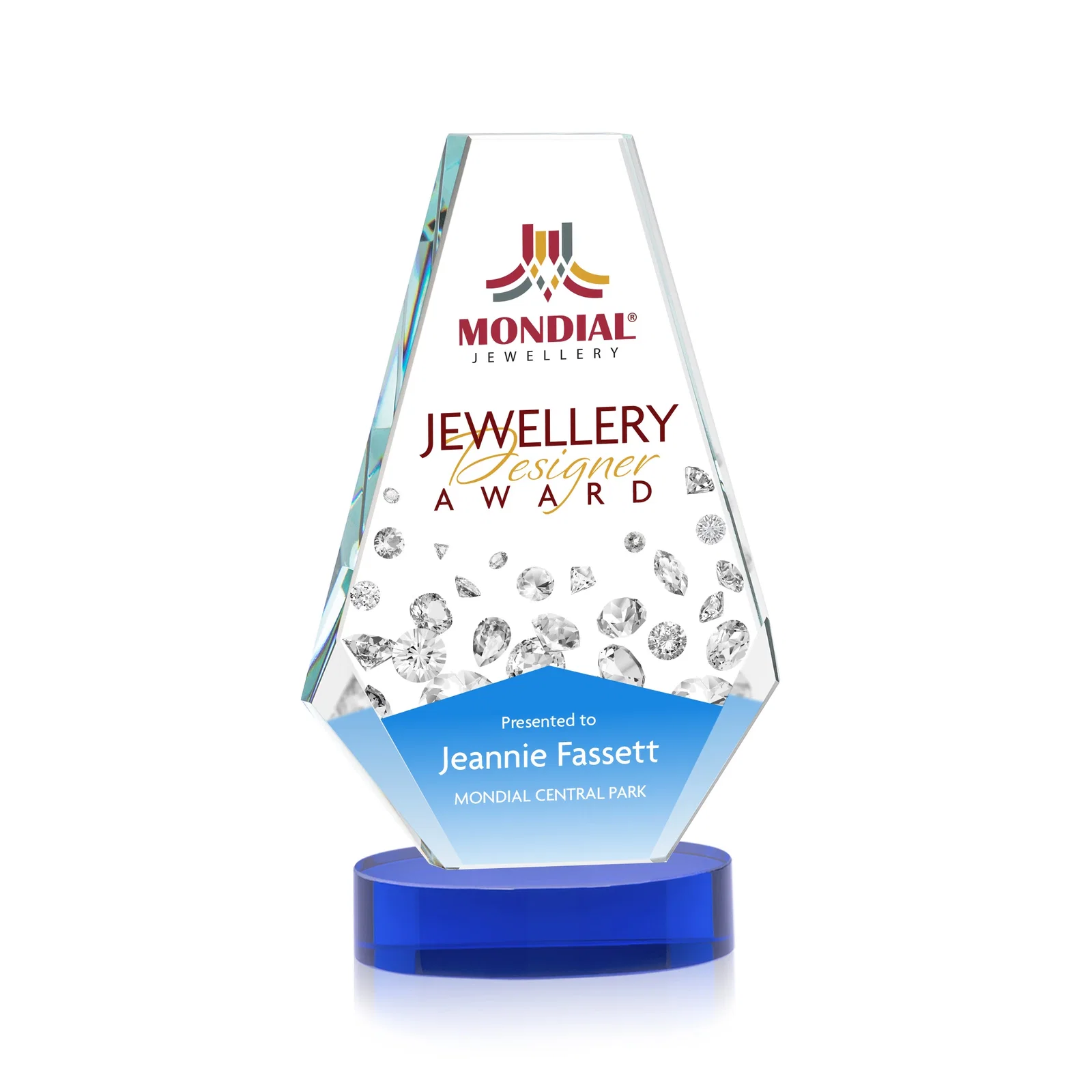 Custom printed Optical Crystal Award with a Symmetrical Slanted Top, awards for service anniversary gifts