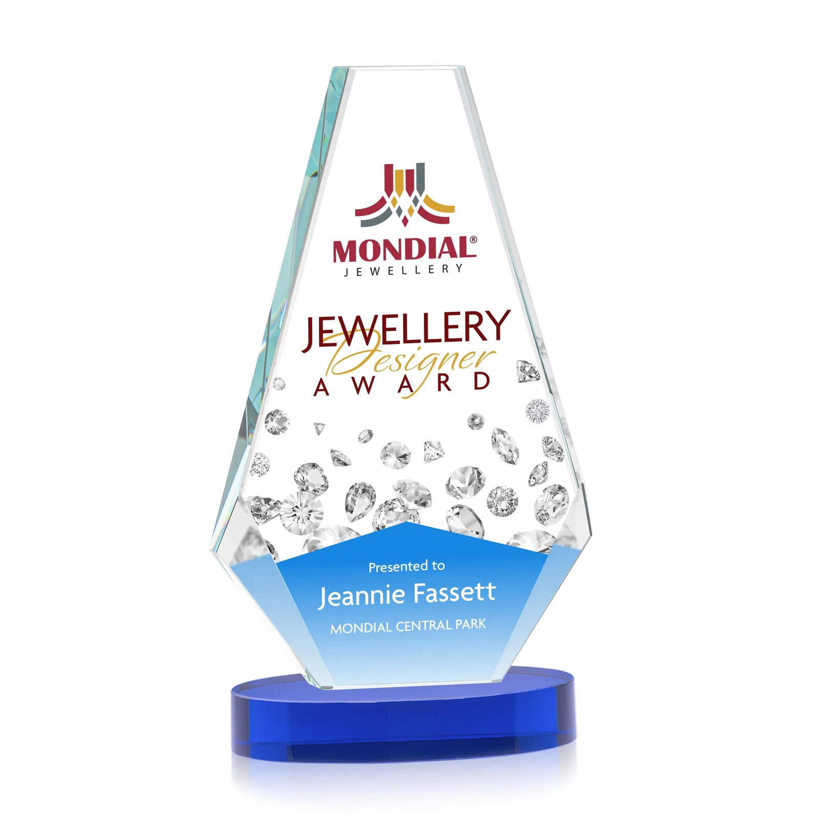 Custom printed Optical Crystal Award with a Symmetrical Slanted Top, awards for sales achievement awards