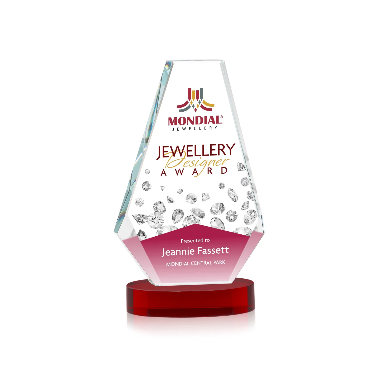 Custom printed Optical Crystal Award with a Symmetrical Slanted Top, awards for team milestone celebrations