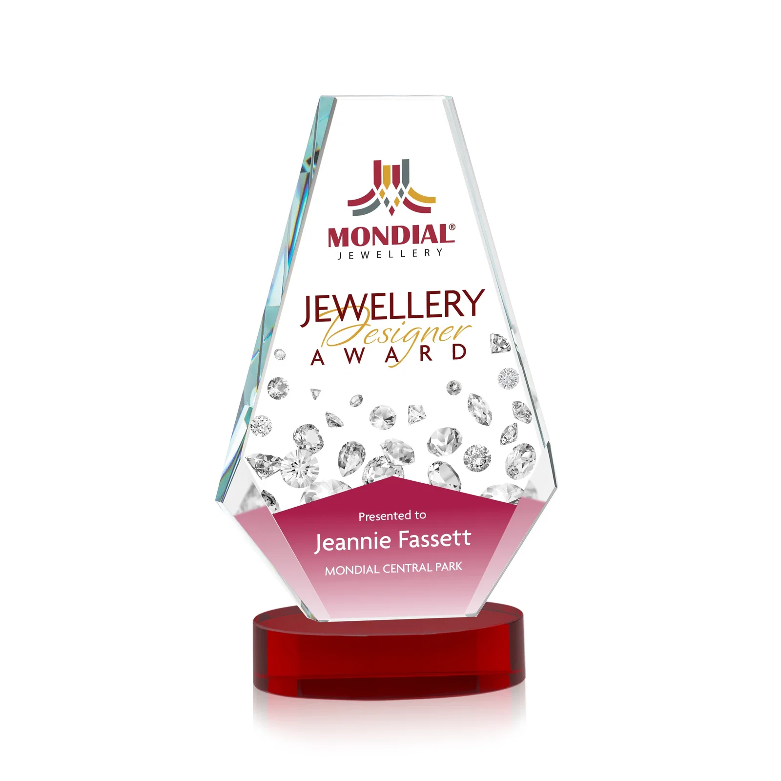 Custom printed Optical Crystal Award with a Symmetrical Slanted Top, awards for donor appreciation