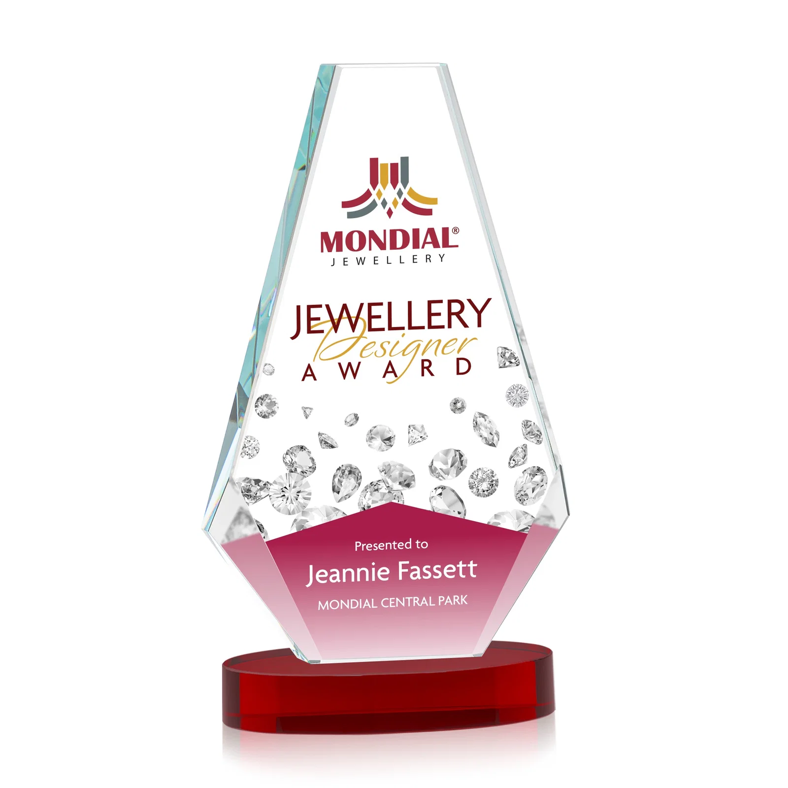Custom printed Optical Crystal Award with a Symmetrical Slanted Top, awards for graduation ceremonies