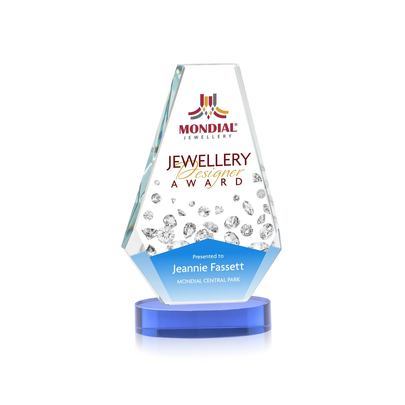 Custom printed Optical Crystal Award with a Symmetrical Slanted Top, awards for volunteer appreciation