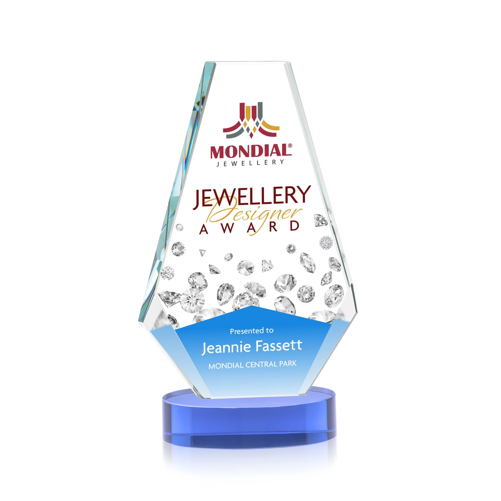 Custom printed Optical Crystal Award with a Symmetrical Slanted Top, awards for dealer and partner awards