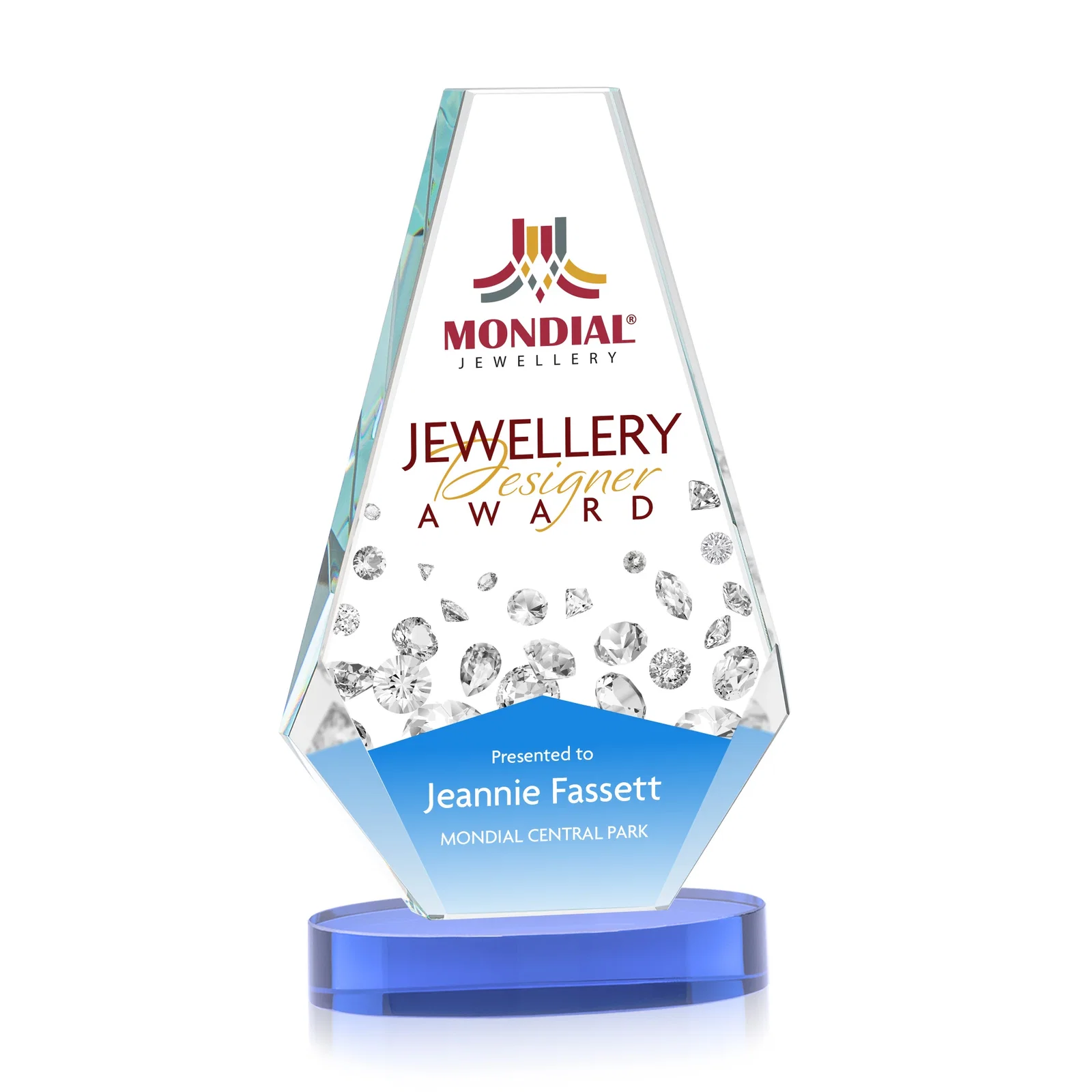 Custom printed Optical Crystal Award with a Symmetrical Slanted Top, awards for company anniversary events