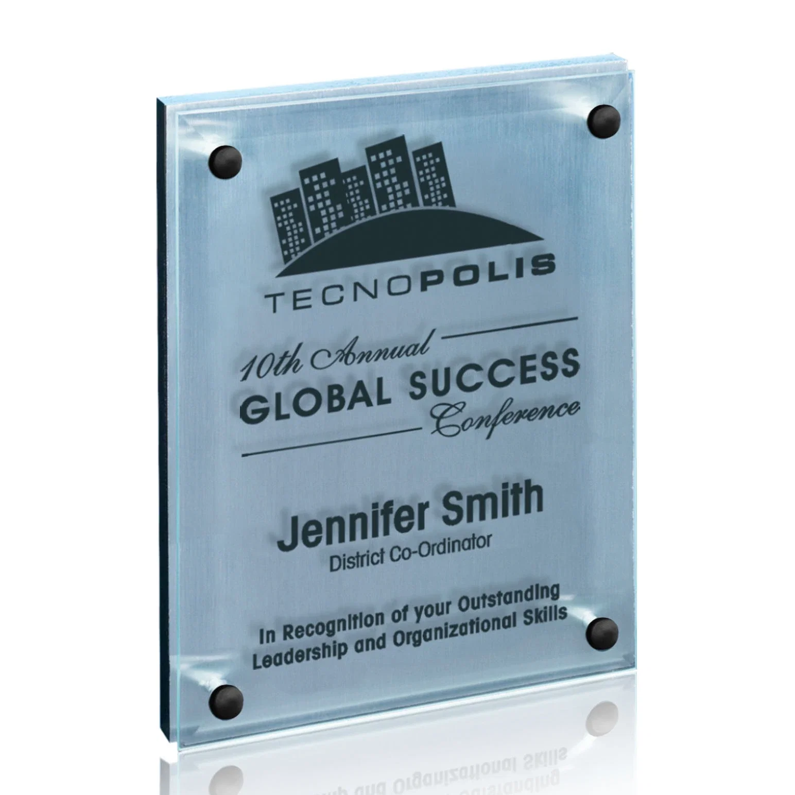 Custom Jade Glass Wall Plaque with Metallic Aluminum Backing for retirement presentations