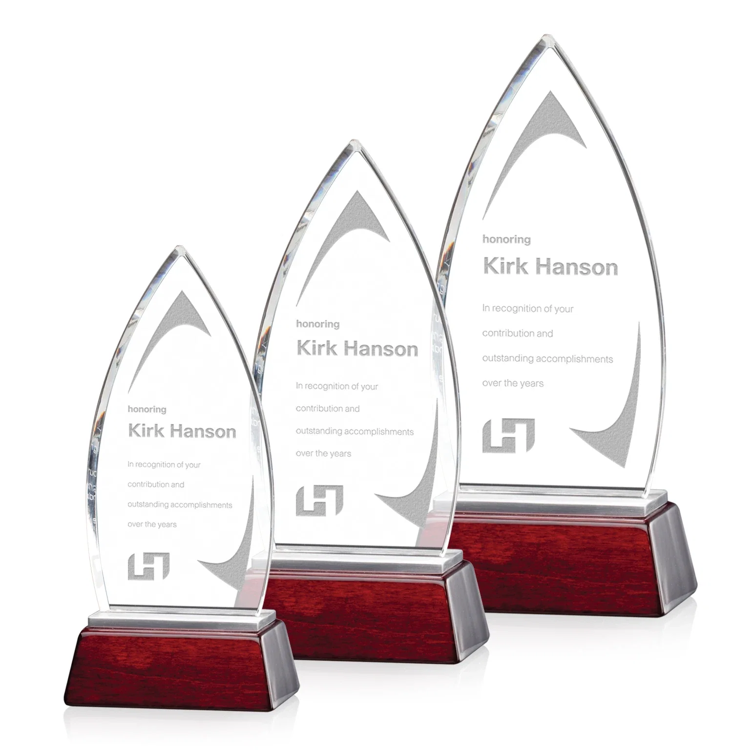 Custom Starfire Crystal Summit Award on Two-Part Aluminum and Rosewood Base for employee recognition