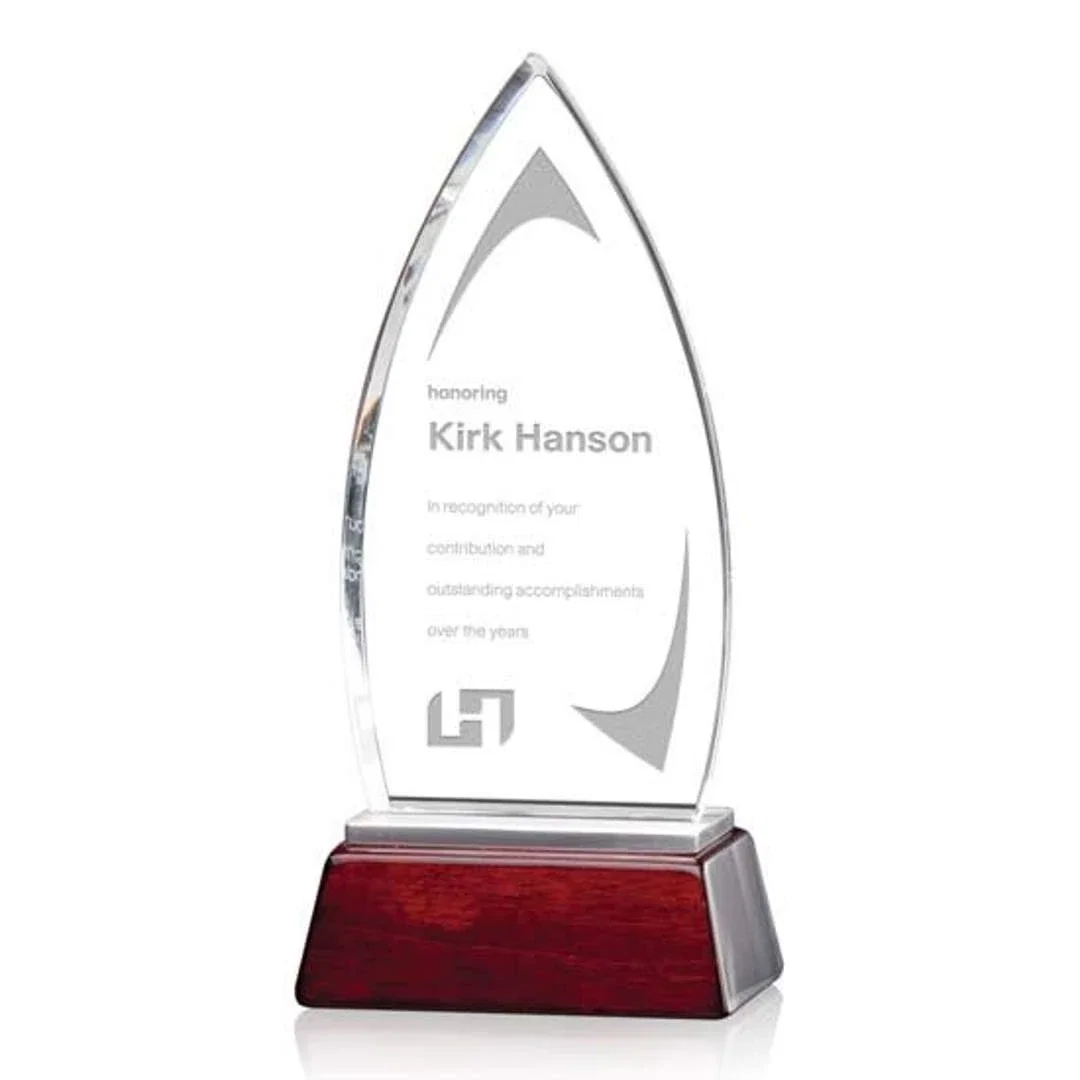 Custom Starfire Crystal Summit Award on Two-Part Aluminum and Rosewood Base for corporate award ceremonies