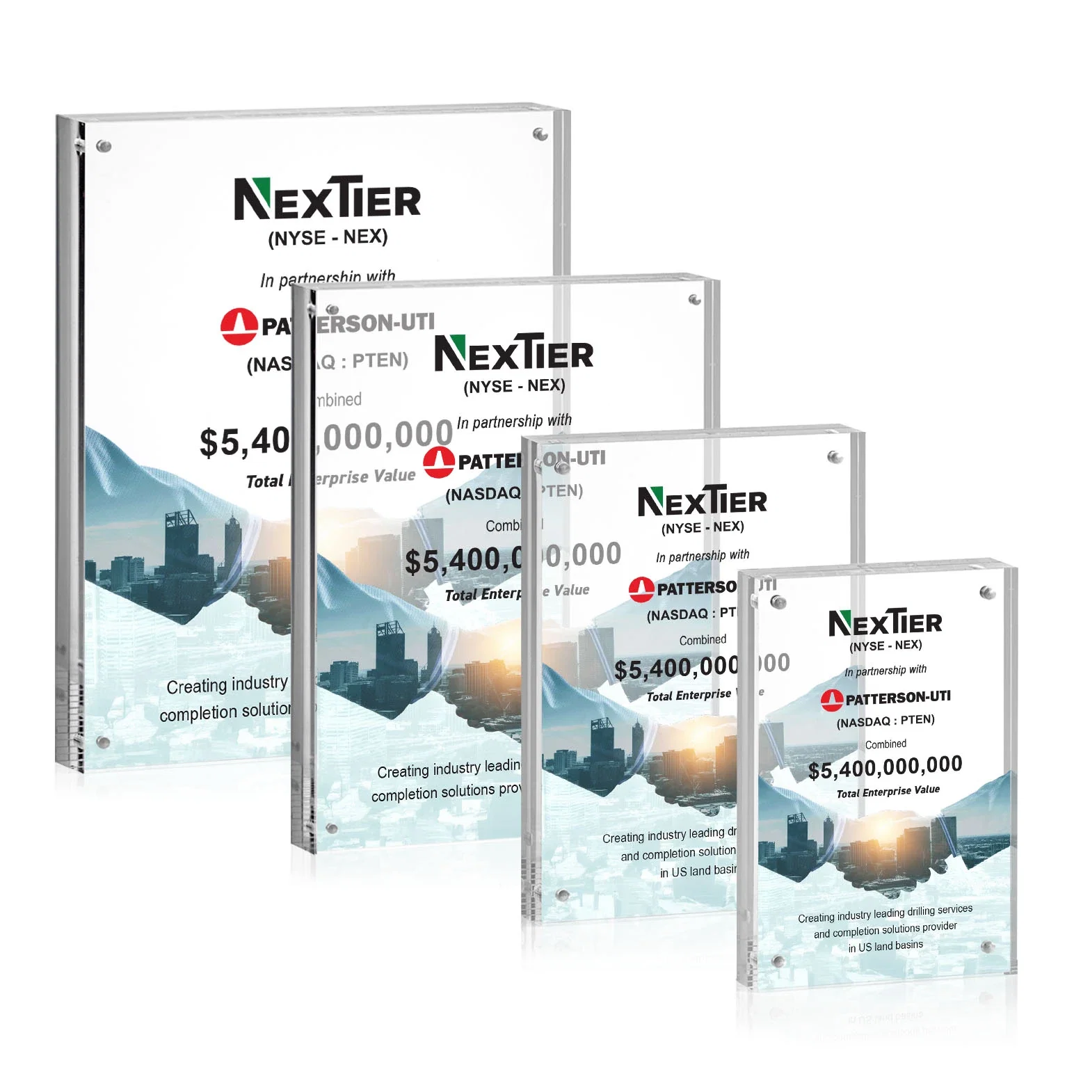 Custom Acrylic Rectangle Award Held by Four Magnetic Corner Pins for employee recognition
