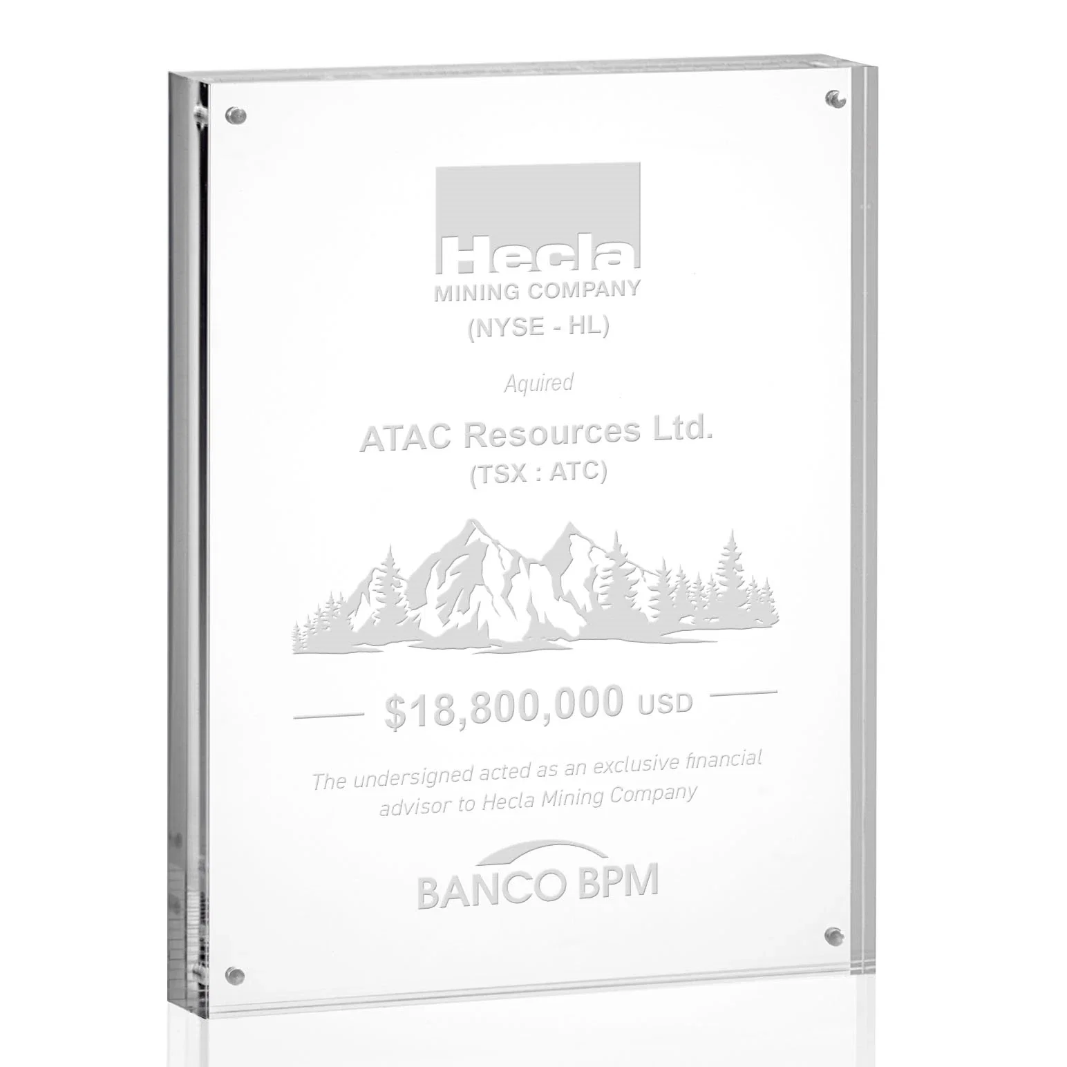 Custom Acrylic Rectangle Award Held by Four Magnetic Corner Pins for volunteer appreciation