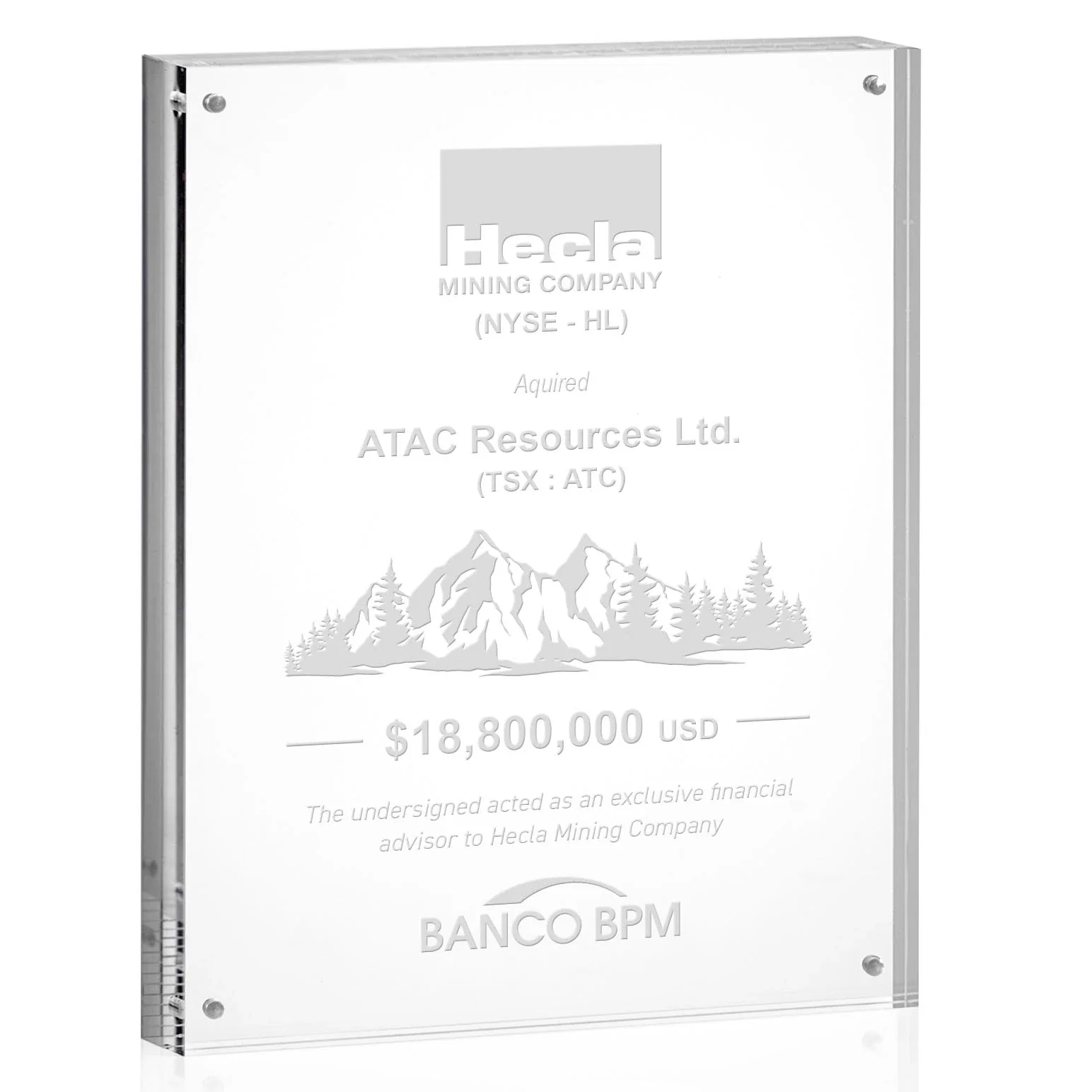 Custom Acrylic Rectangle Award Held by Four Magnetic Corner Pins for dealer and partner awards