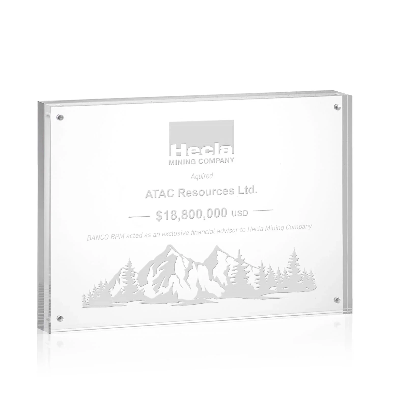 Custom Acrylic Rectangle Award Held by Four Magnetic Corner Pins for company anniversary events