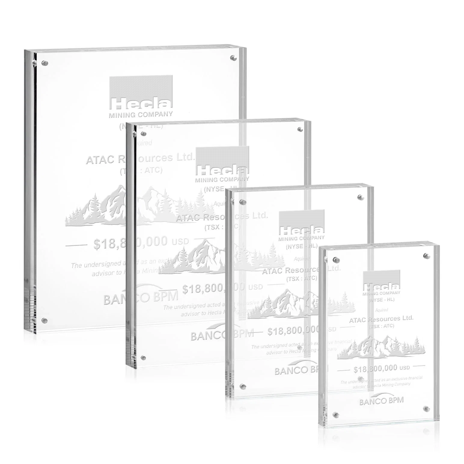 Custom Acrylic Rectangle Award Held by Four Magnetic Corner Pins for donor appreciation