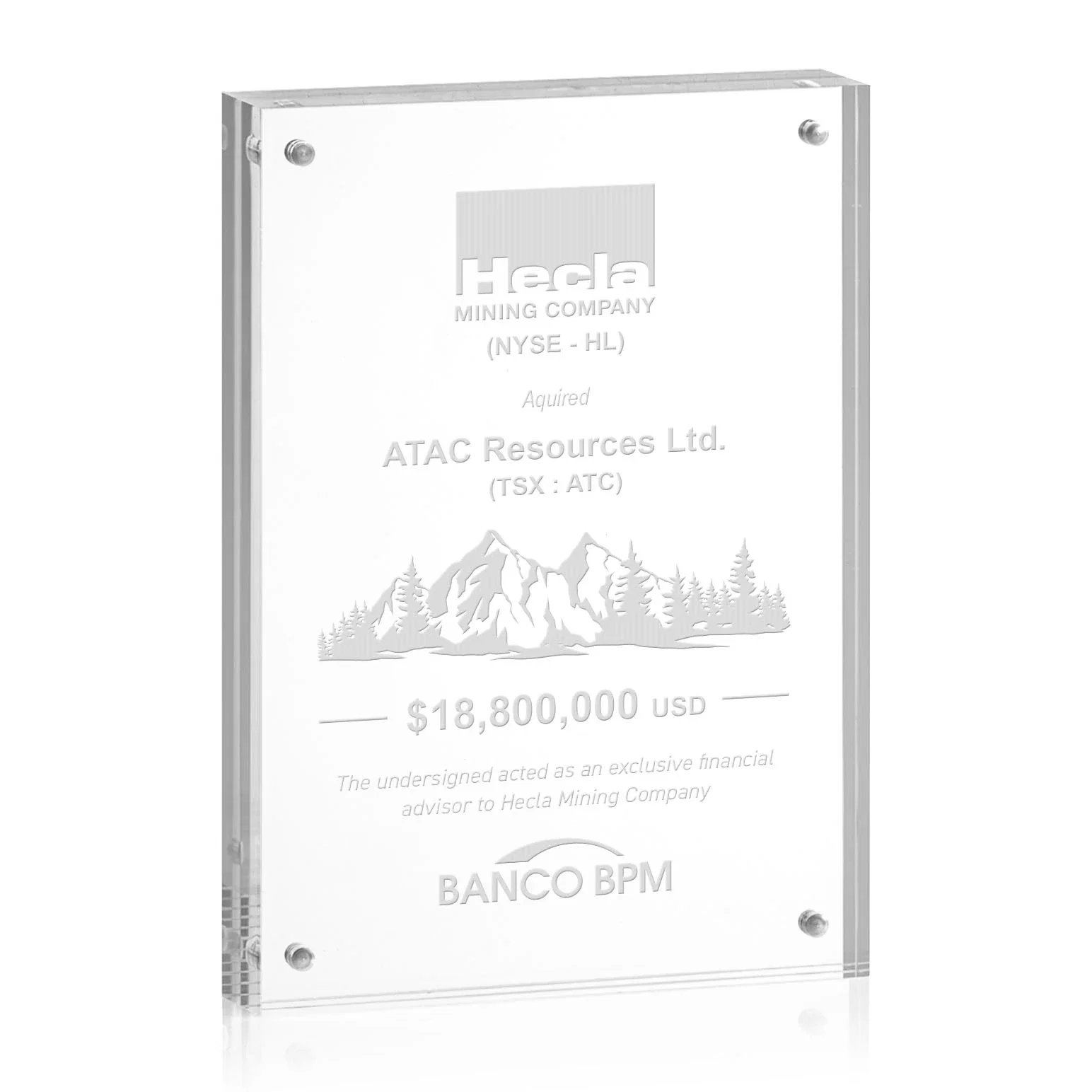 Custom Acrylic Rectangle Award Held by Four Magnetic Corner Pins for safety achievement programs