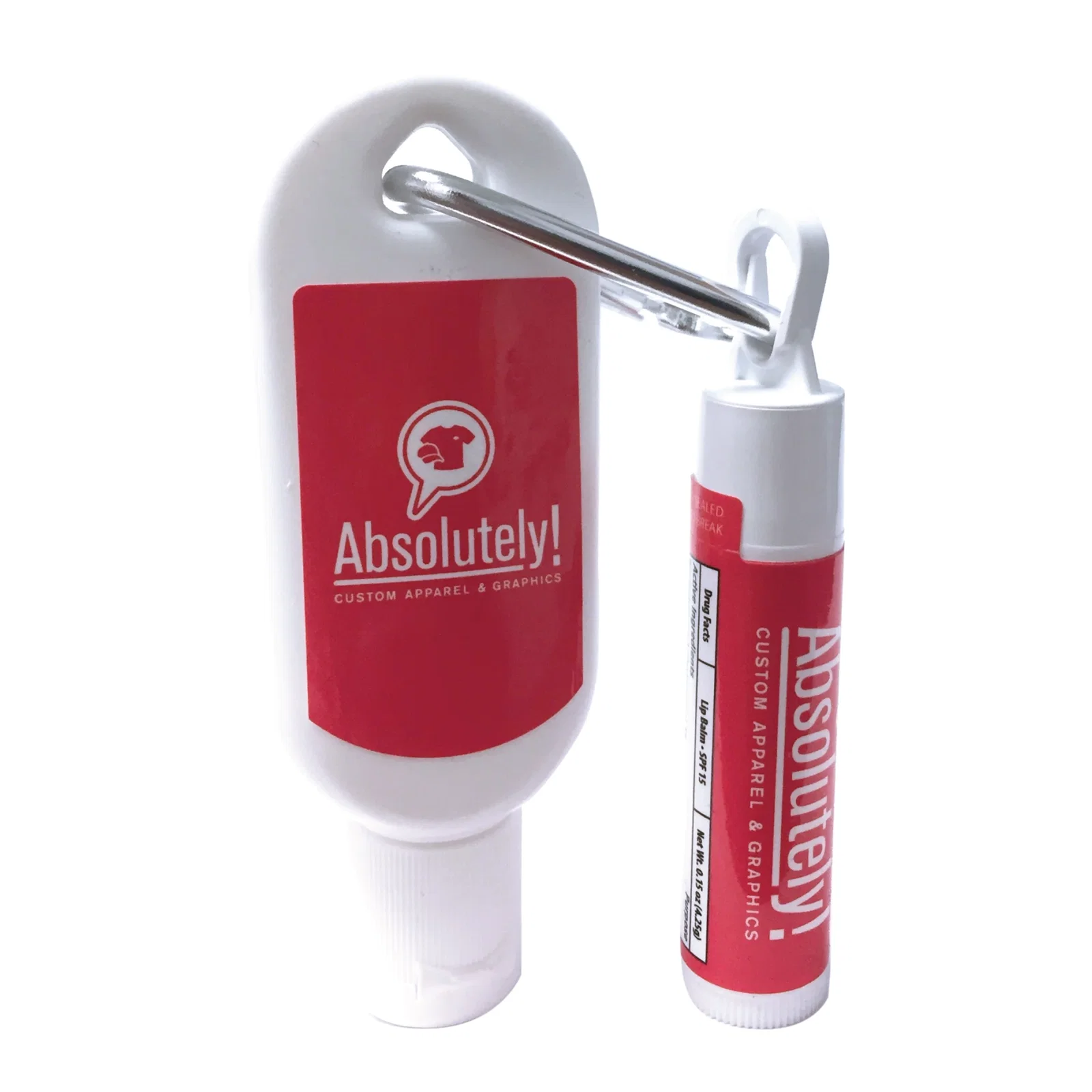 Carabiner clip attaches the white lotion bottle to a bag