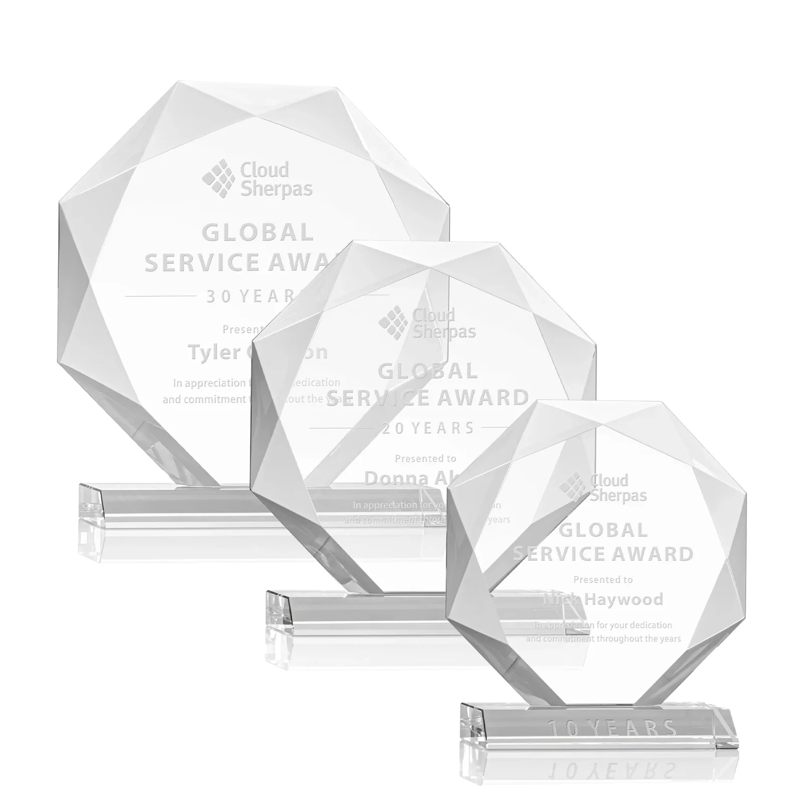 Custom Starfire Crystal Octagon Award on Front-Mitered Base, awards for employee recognition