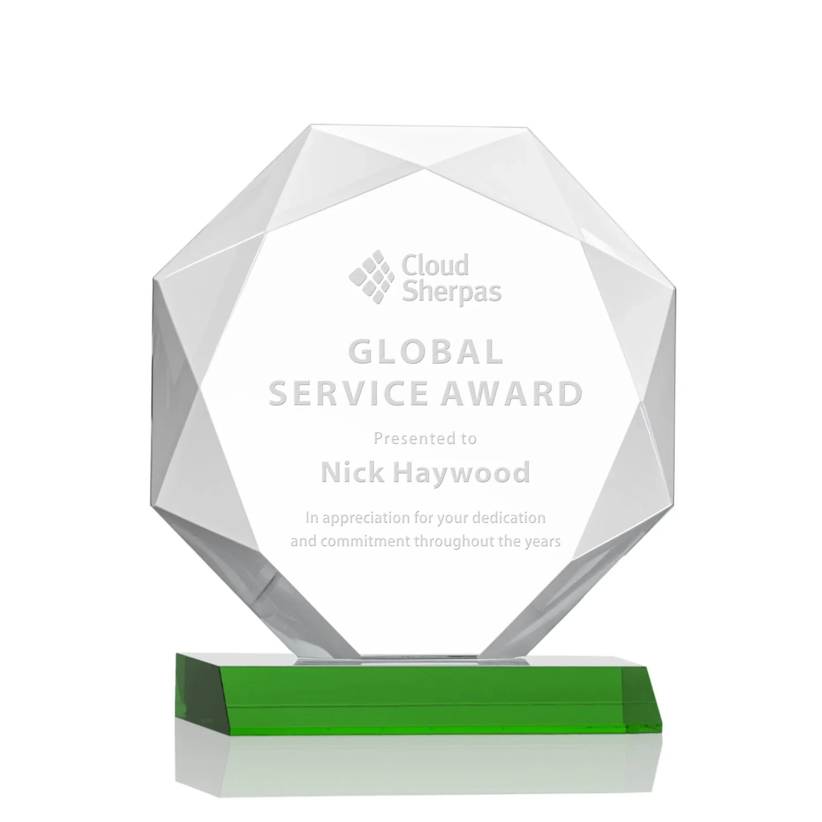 Custom Starfire Crystal Octagon Award on Front-Mitered Base, awards for volunteer appreciation