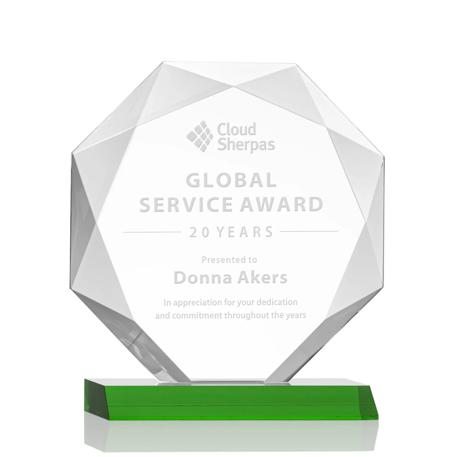 Custom Starfire Crystal Octagon Award on Front-Mitered Base, awards for dealer and partner awards