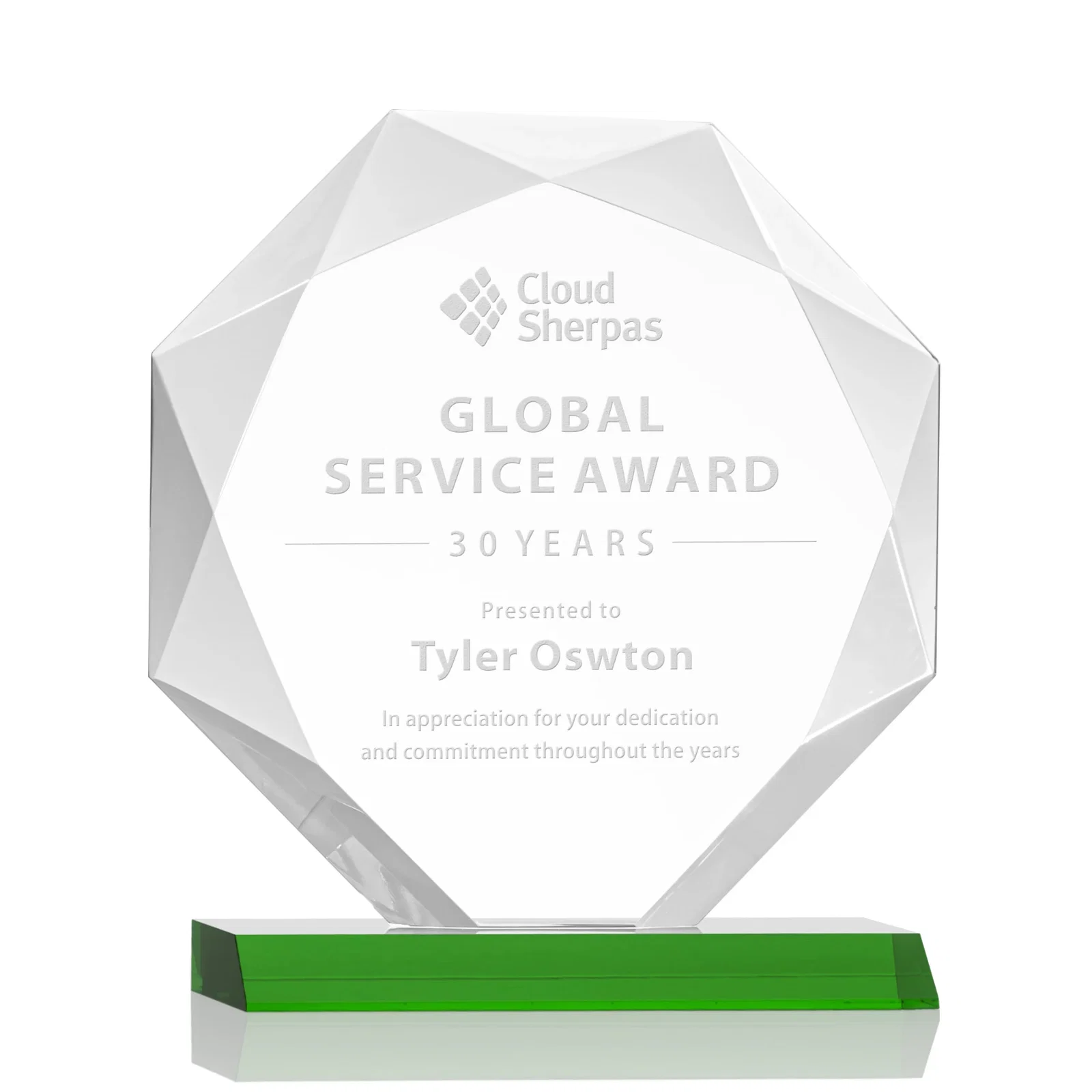 Custom Starfire Crystal Octagon Award on Front-Mitered Base, awards for company anniversary events