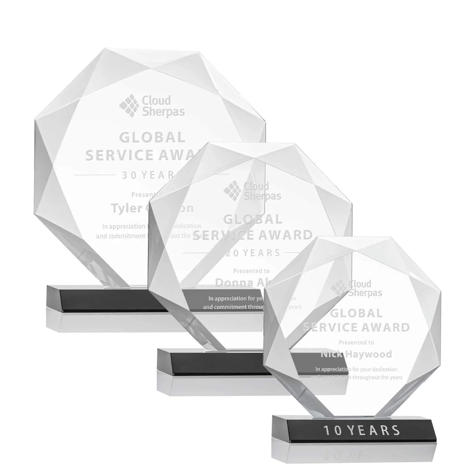 Personalized Starfire Crystal Octagon Award on Front-Mitered Base, awards for employee recognition