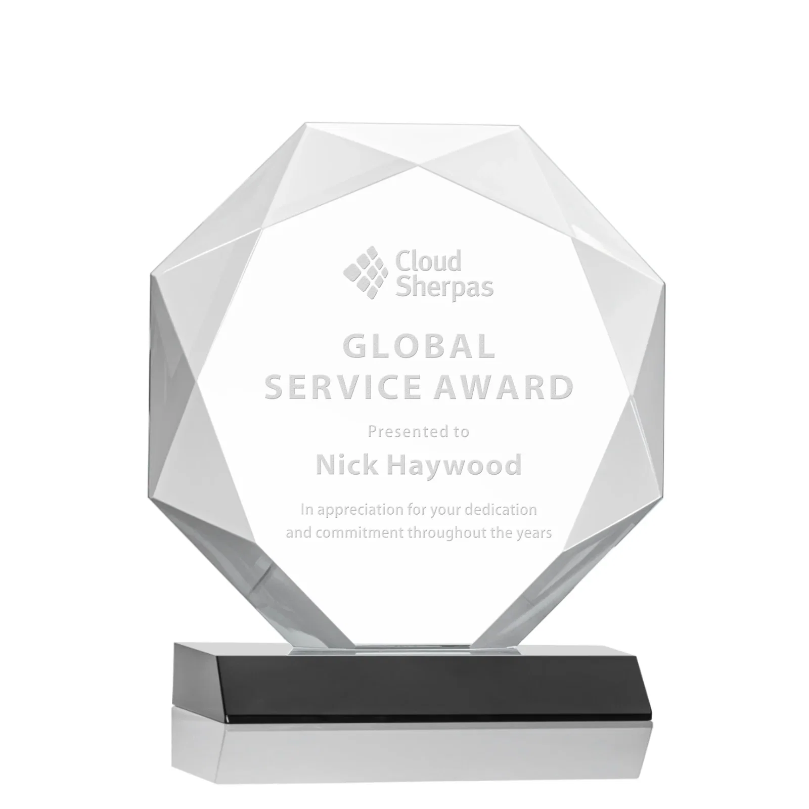 Personalized Starfire Crystal Octagon Award on Front-Mitered Base, awards for corporate award ceremonies