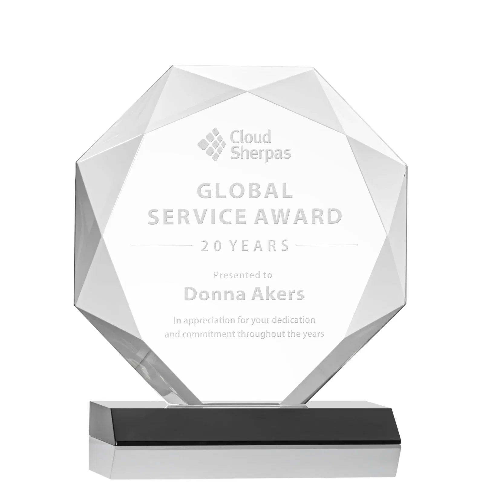 Personalized Starfire Crystal Octagon Award on Front-Mitered Base, awards for service anniversary gifts