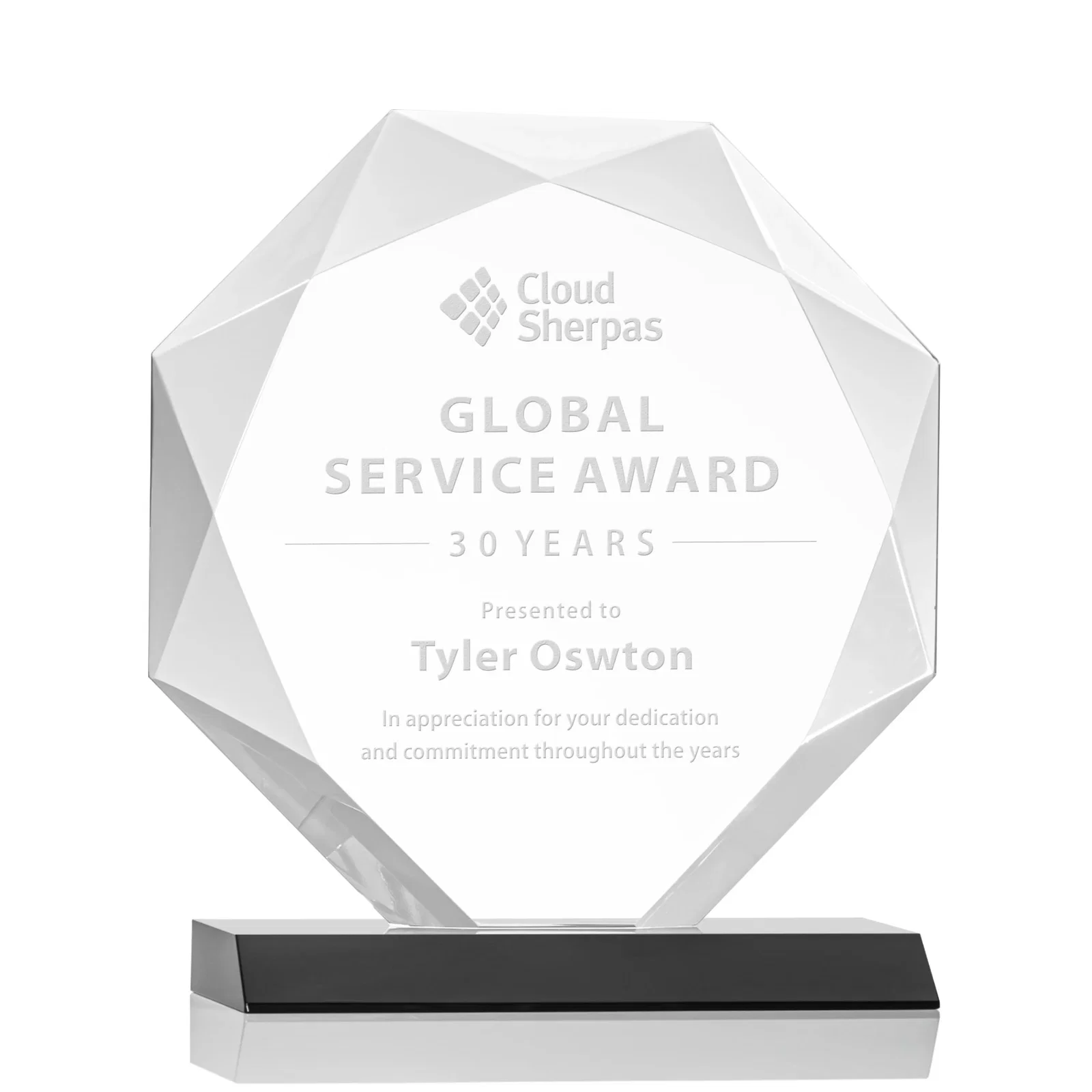 Personalized Starfire Crystal Octagon Award on Front-Mitered Base, awards for sales achievement awards