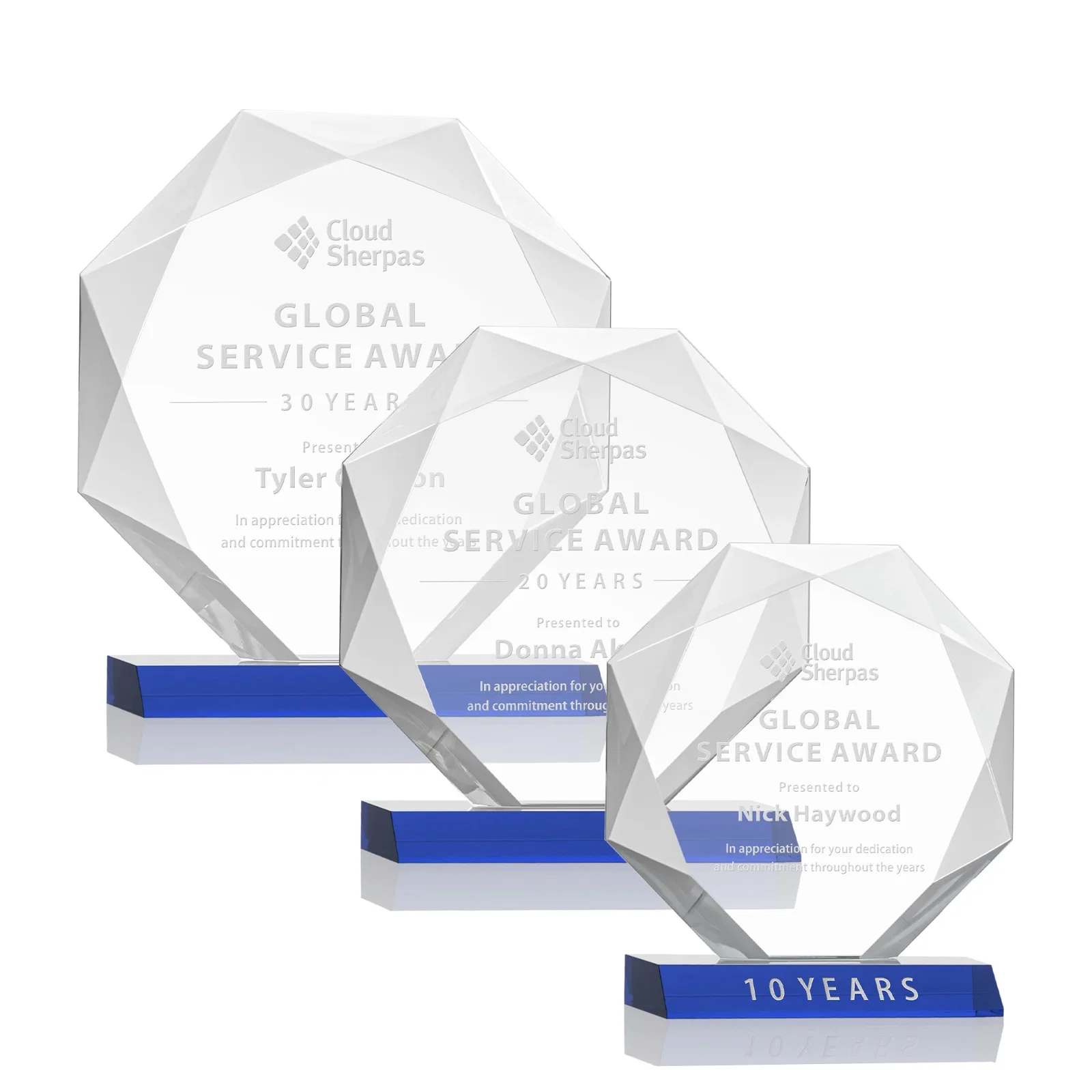 Personalized Starfire Crystal Octagon Award on Front-Mitered Base, awards for retirement presentations