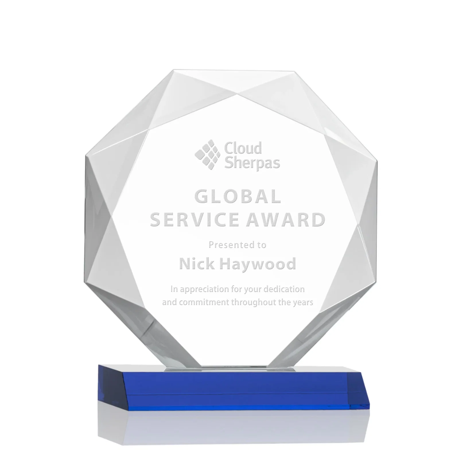 Personalized Starfire Crystal Octagon Award on Front-Mitered Base, awards for team milestone celebrations