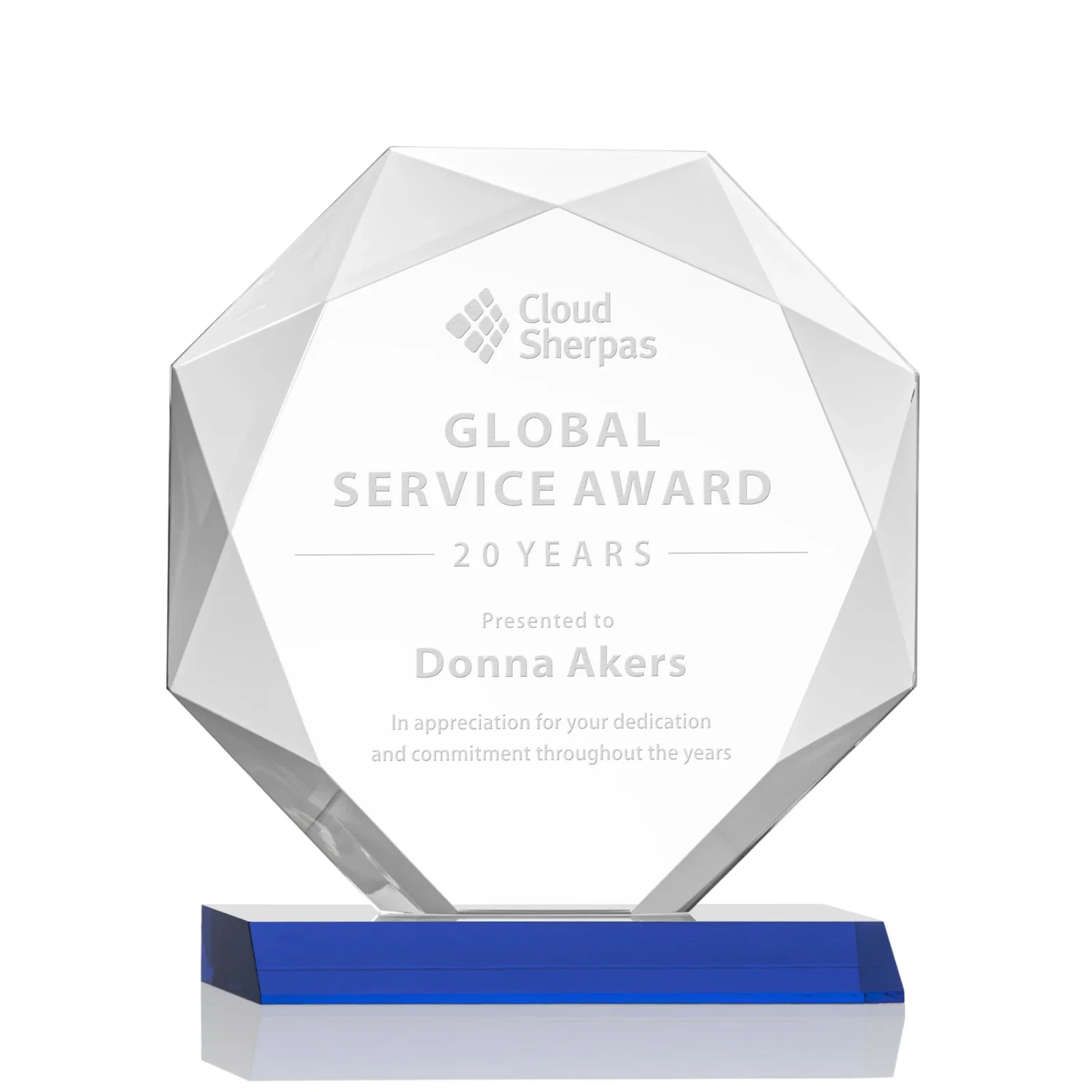 Personalized Starfire Crystal Octagon Award on Front-Mitered Base, awards for donor appreciation