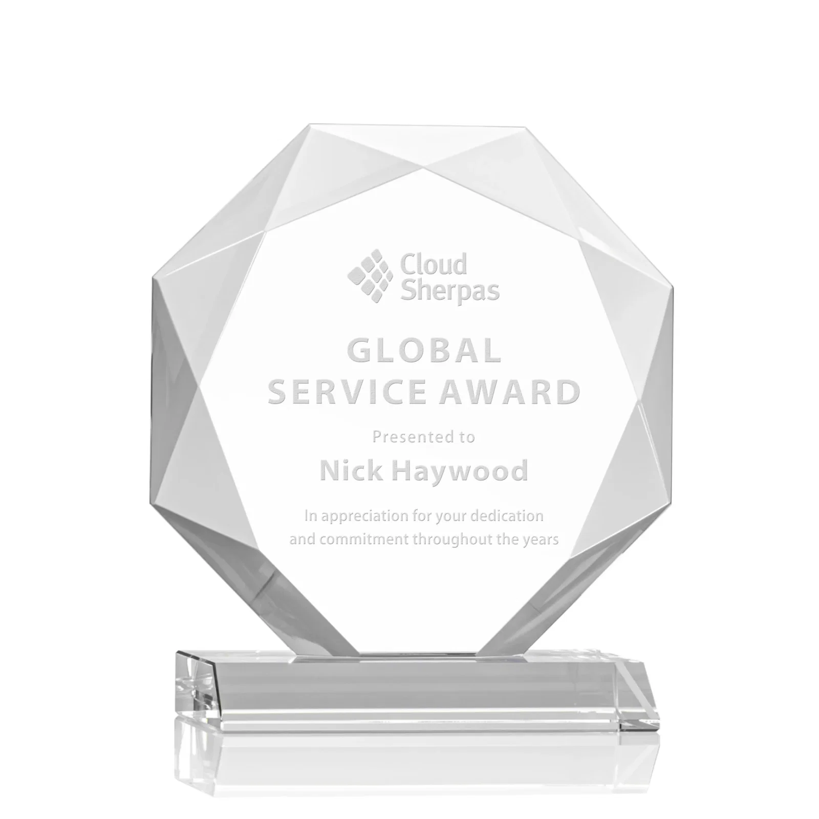 Custom Starfire Crystal Octagon Award on Front-Mitered Base, awards for corporate award ceremonies