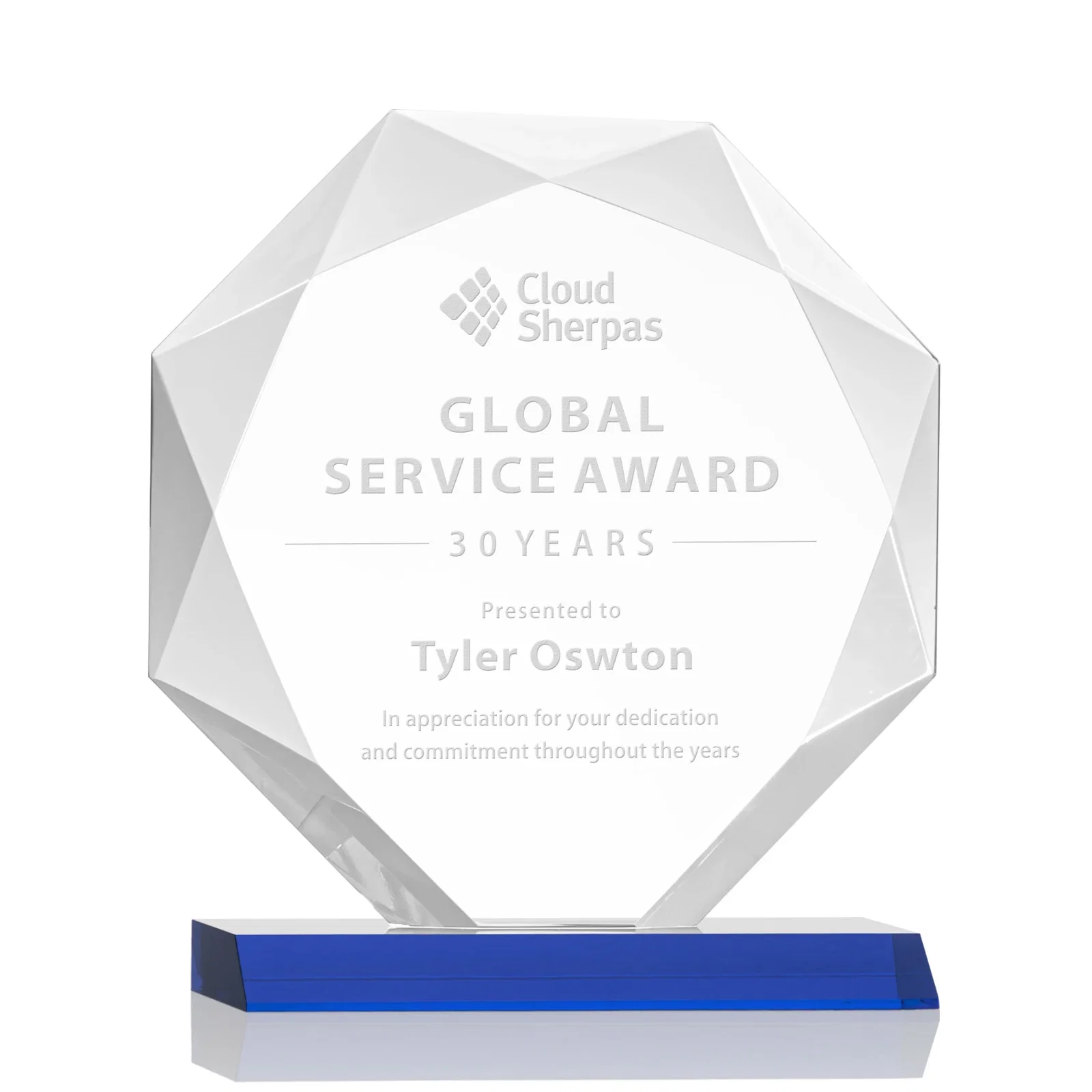Personalized Starfire Crystal Octagon Award on Front-Mitered Base, awards for graduation ceremonies
