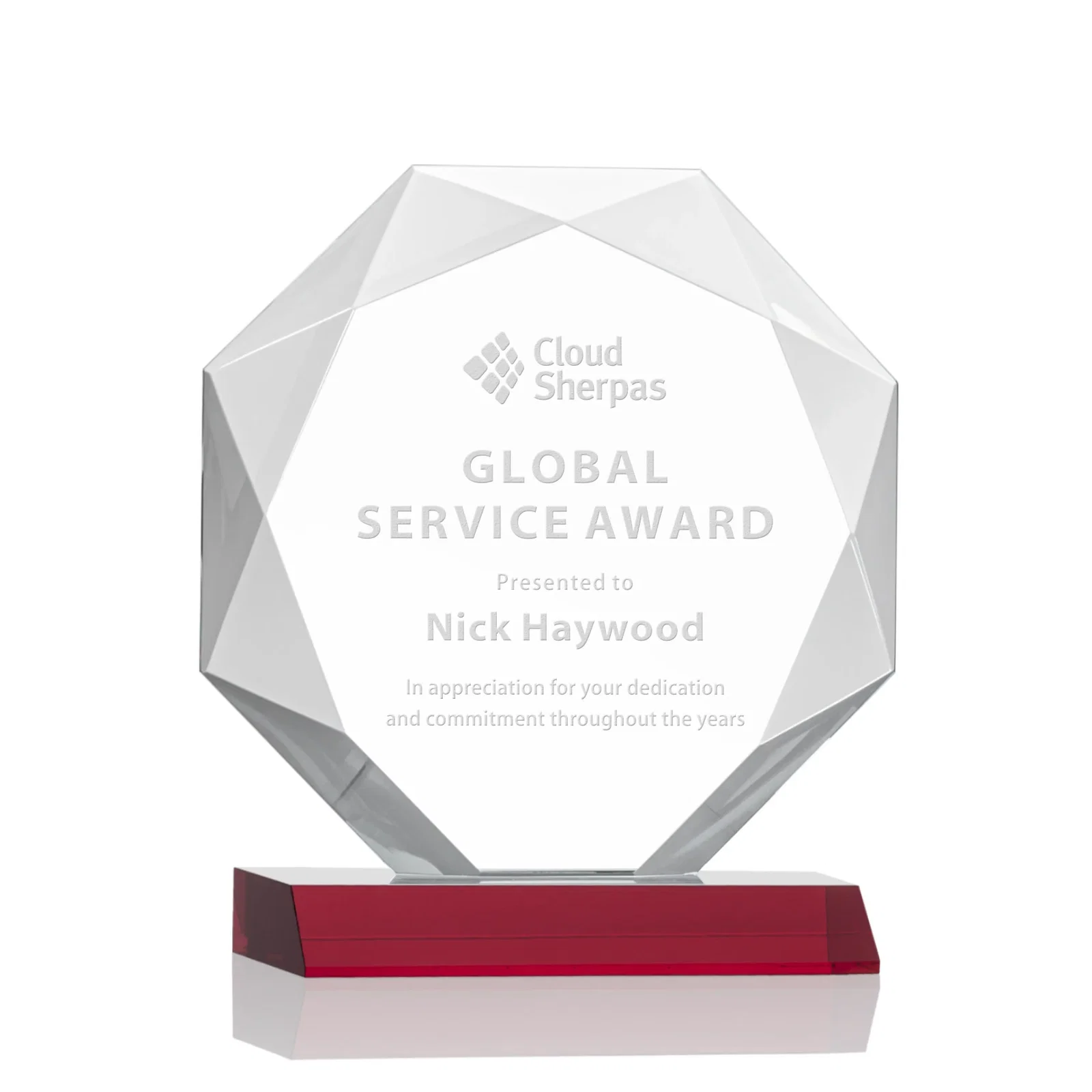 Personalized Starfire Crystal Octagon Award on Front-Mitered Base, awards for volunteer appreciation