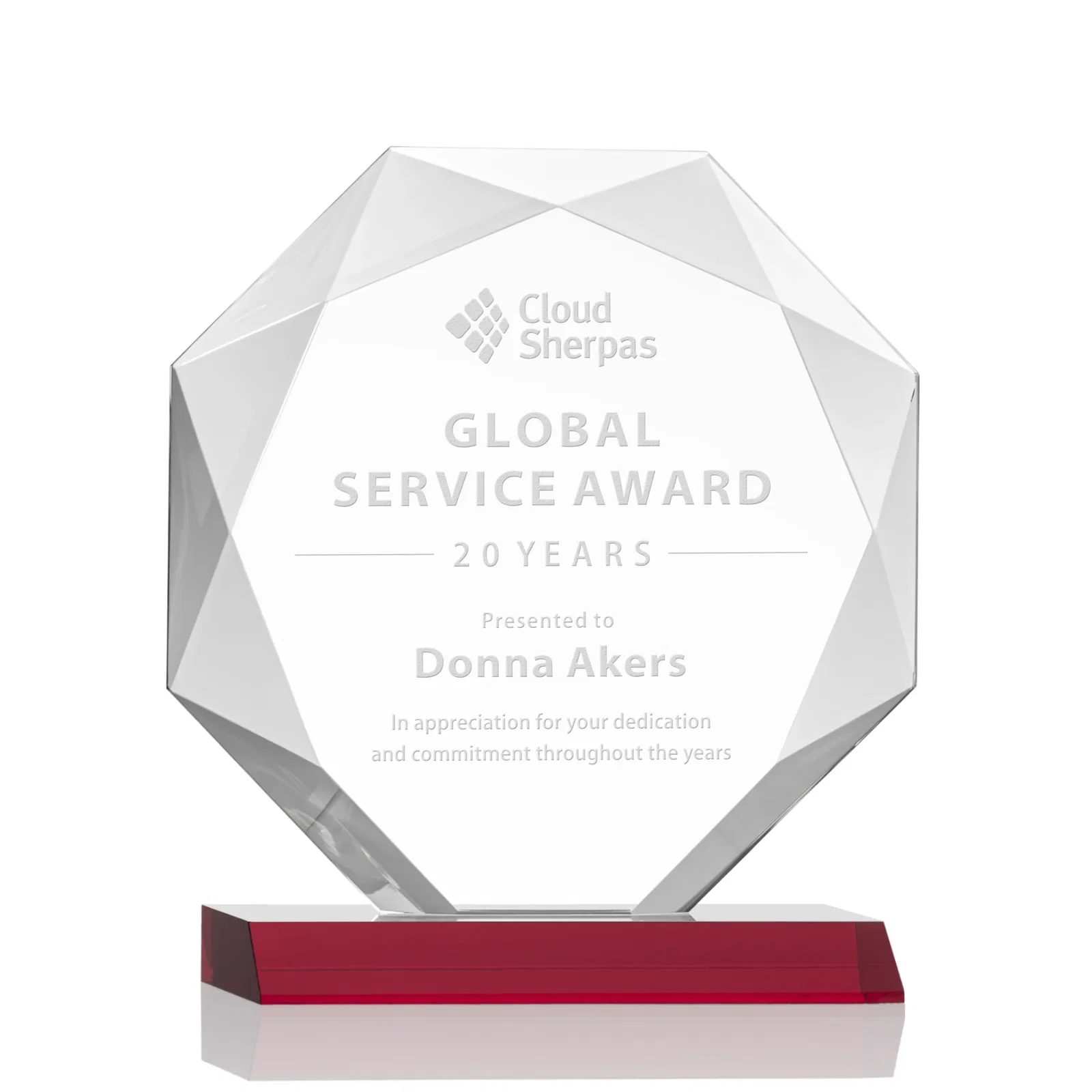 Personalized Starfire Crystal Octagon Award on Front-Mitered Base, awards for dealer and partner awards