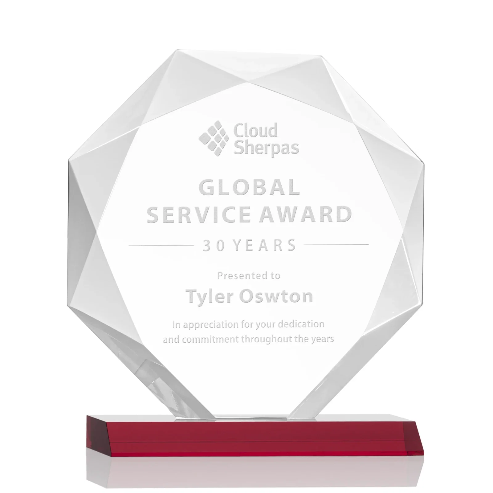 Personalized Starfire Crystal Octagon Award on Front-Mitered Base, awards for company anniversary events