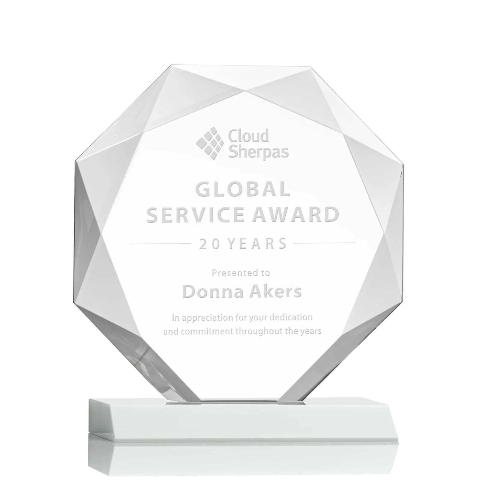 Promotional Starfire Crystal Octagon Award on Front-Mitered Base, awards for donor appreciation
